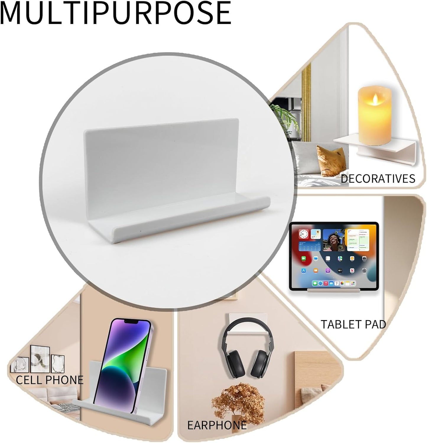 2pcs Acrylic Phone Holder Small Adhesive Shelfs, Minimalist Stick On Shelves Bedside Shelf Wall Mounted Tablet Holders, Cell Phone Holder for Bathroom,Office Phone Shelf Display Shelf(White)