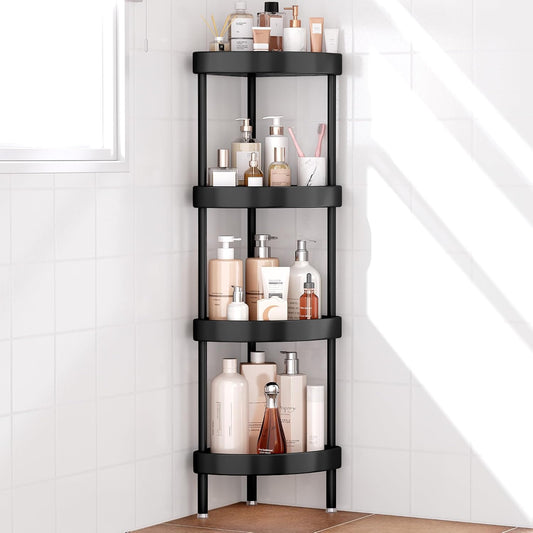 Nieifi Corner Shower Caddy Stand-4 Tier Rustproof Anodized Aluminum Standing Shower Organizer-Shower Caddy Corner-Dual Stability to Anti-Shaking-Height-Adjustable Legs for Uneven Surfaces-Black