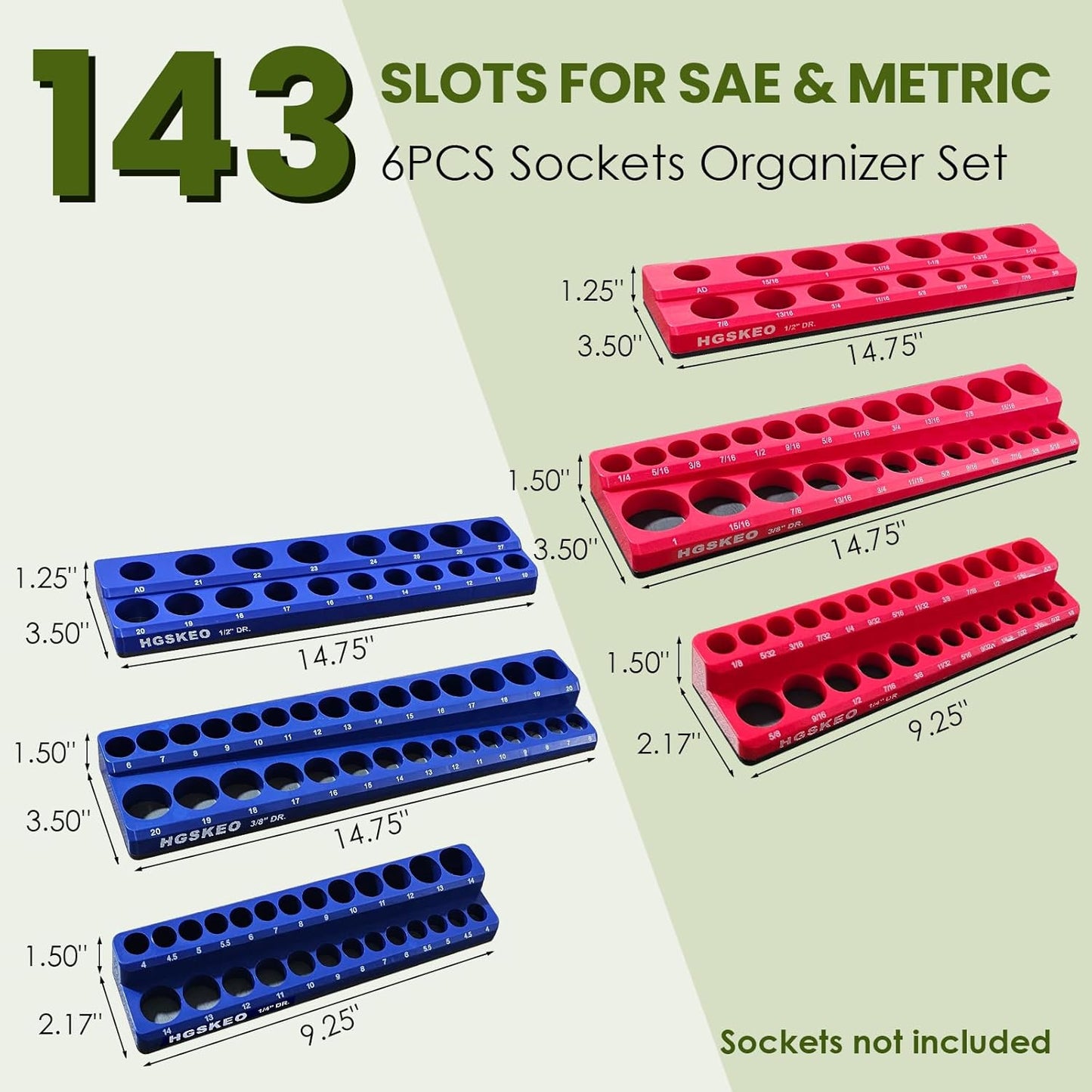 Magnetic Socket Organizer Set, 6 Pcs Red SAE and Blue Metric Socket Tray Set for 1/4", 3/8" & 1/2" Sizes Drive, Socket Holder Holds 143 Sockets for Tool Box