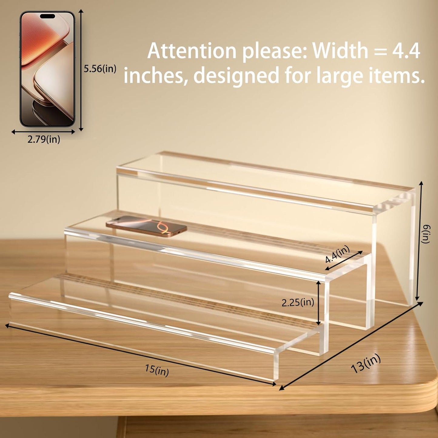 3 Tiers Bar Shelves for Liquor Bottles, 15" Bar Organizer for Countertop, Clear Acrylic Risers Display Racks Stands for Figures Pops Cupcake Perfume Collections (Patent: D1076520S)