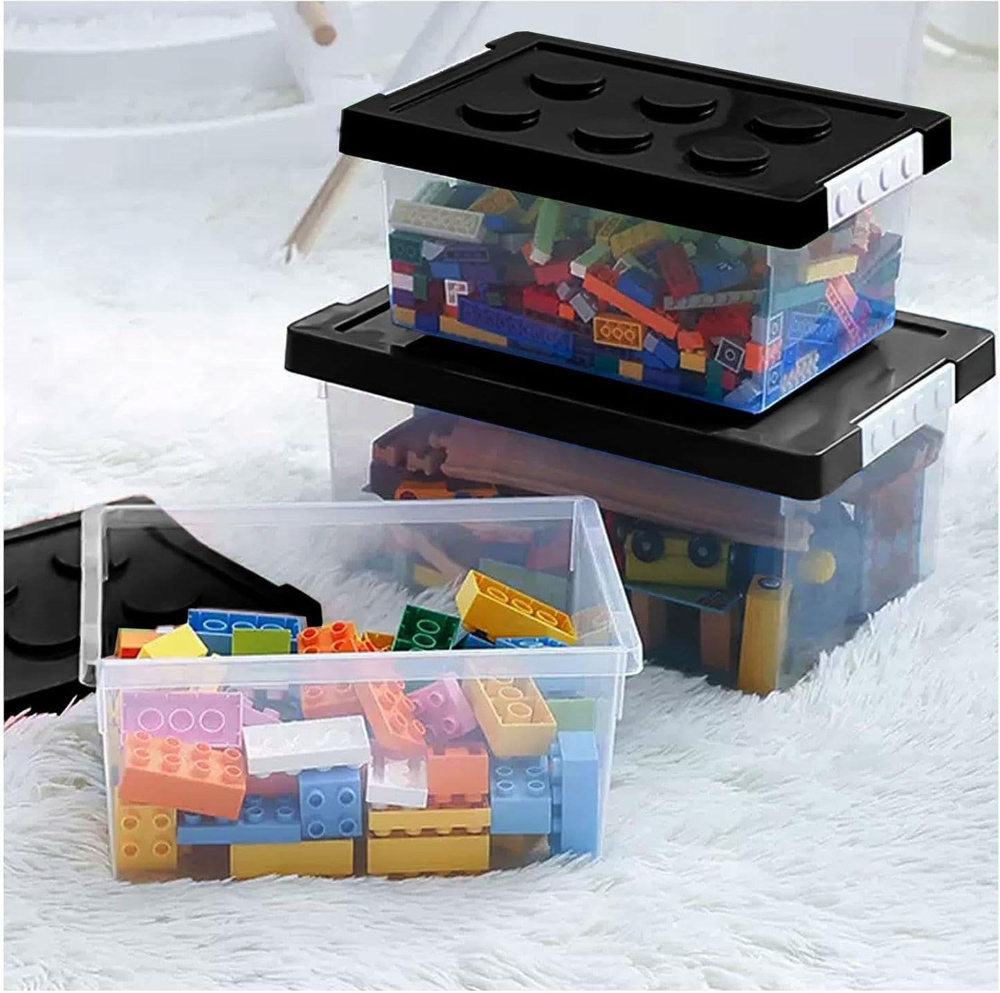 loobuu Plastic Storage Bins with Lids - Stackable Toy Storage Organizer Box Set of 2, Toy Chests with Compatible Building Baseplate and Lid, Storage Container for Building Bricks & Toys- Black