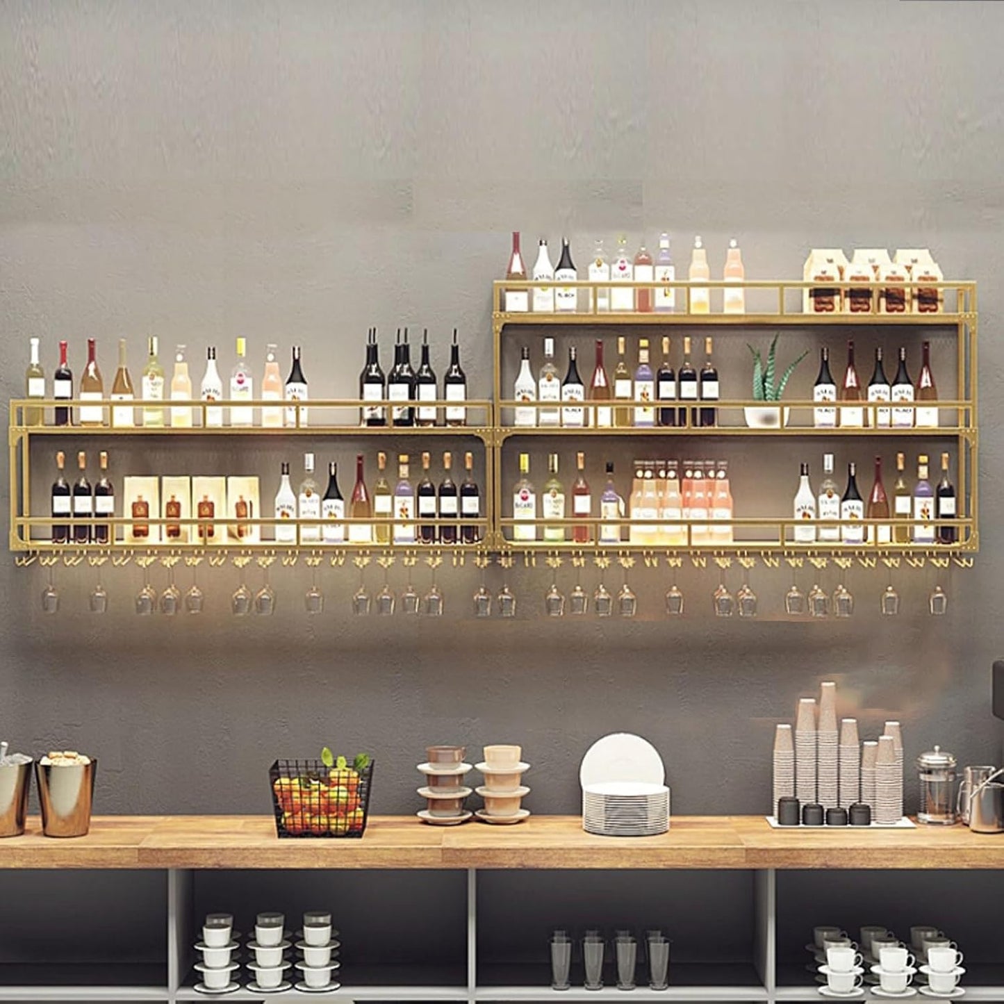 47.2in Wall Mounted Wine Rack, Wine Rack Wall Mounted with Wine Glass Rack, Metal Bar Bottle Display Shelf Wine Cups Hanging Holder, for Home Bar Cafe Decoration (Gold, 47.2 * 10 * 35.5IN)