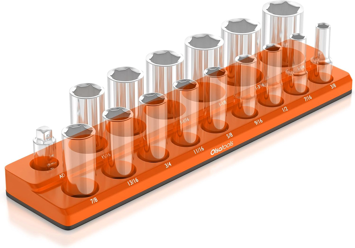 Olsa Tools Magnetic Socket Organizer | 1/2-inch Drive | SAE | Orange | Holds 16 Sockets | Professional Quality Tools Organizer