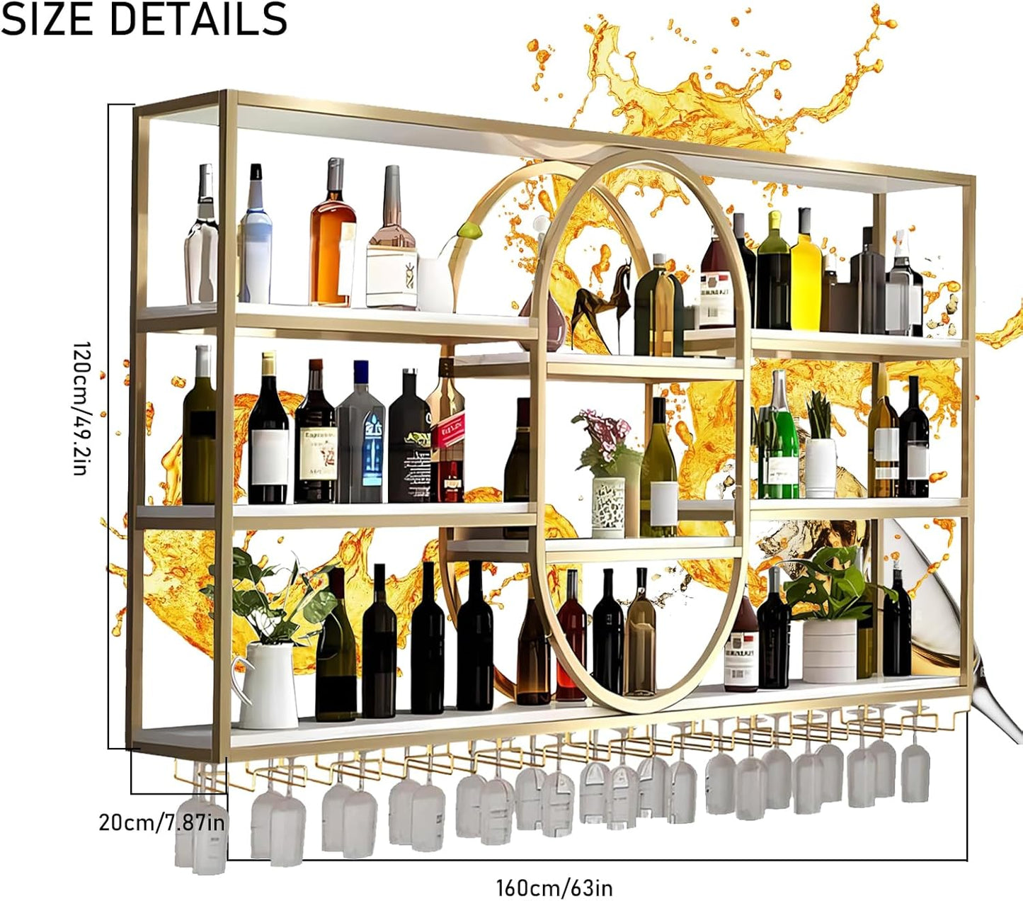 Large Wall Mount Wine Rack, Metal 4 Tier Large Capacity Hanging Bar Rack with Wine Glass Holder, Oval Wine Bottle Storage Display Rack for Kitchen, Living Room, Home (Gold, 160cm/63in)