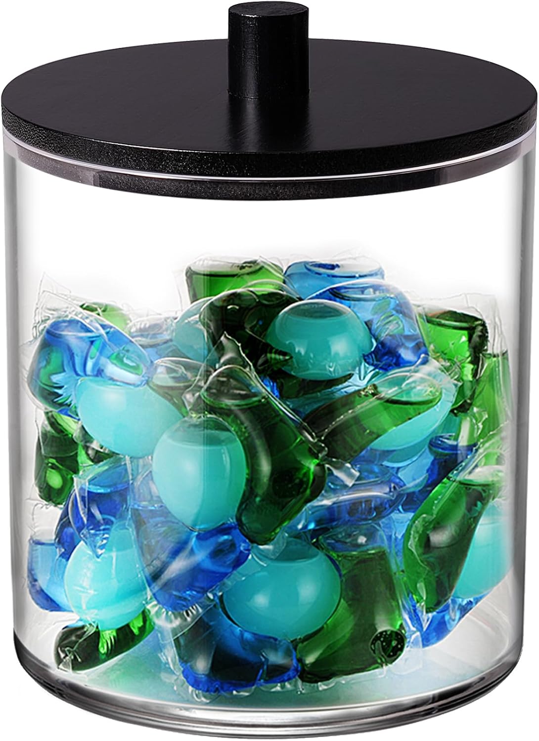 SheeChung 1 Pack 50 Oz Large Apothecary Jar with Bamboo Lid, Laundry Pods Container, Storage Jars for Bathroom Organization, Plastic Canisters with Cute Stickers Spoons(Black)