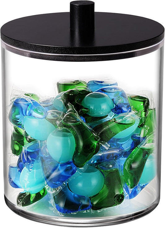 SheeChung 1 Pack 50 Oz Large Apothecary Jar with Bamboo Lid, Laundry Pods Container, Storage Jars for Bathroom Organization, Plastic Canisters with Cute Stickers Spoons(Black)