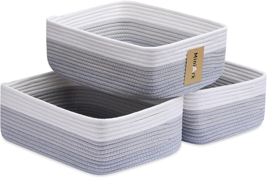 Large Shallow Organizing Baskets 15x11x5.1 Inches - Rope Woven Storage Bins for Bathroom, Shelves, Cube Closet, Gradient Grey 3 Packs
