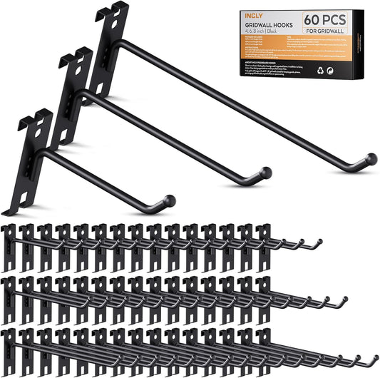 INCLY 4/6/8 Inch Gridwall Hooks, 60 Pack Heavy Duty Black Display Hooks for Grid Wall Panels, Grid Wall Accessory for Storage Display Clothes in Retail Shop Garage