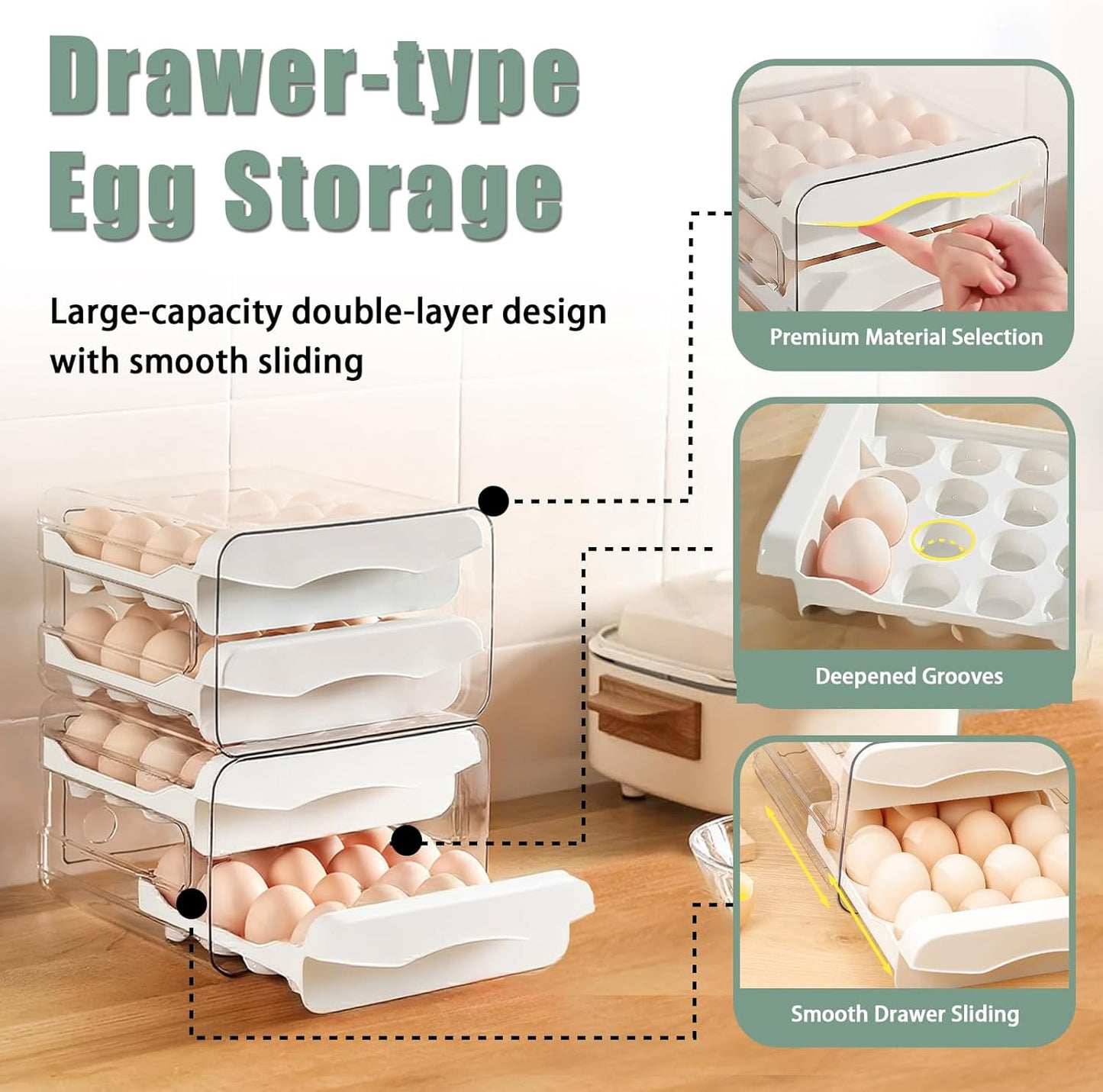 Refrigerator egg rack, egg container, egg storage box, double-layer transparent surface stackable, concave and convex handle kitchen storage organizer, bracket tray, refrigerator organizer (White)