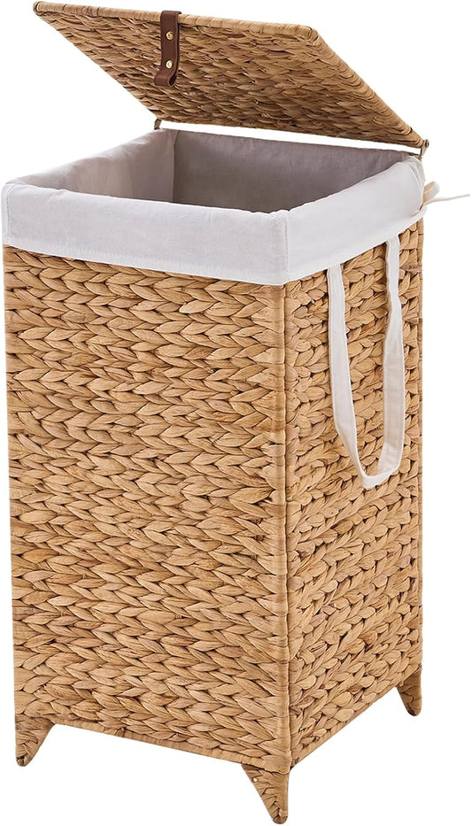 Laundry Hamper with Lid and Removable Liner Bag, Handwoven Natural Hyacinth Clothes Hamper with Heightened Feet, Wicker Laundry Basket for Clothes and Towels，Small