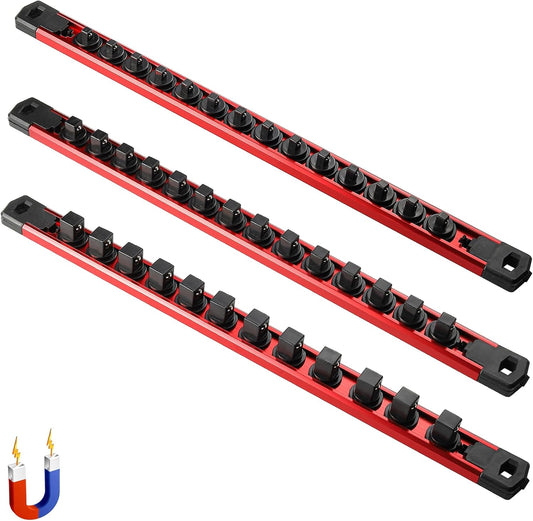 ALOANES 3-Piece Magnetic Socket Organizer, Heavy Duty Aluminum Socket Rails Organizer, 360° Swivel Clips Socket Holder Kit for Tool Box, 1/2, 3/8, 1/4-Inch Socket Holder x 40 Clips (Red)