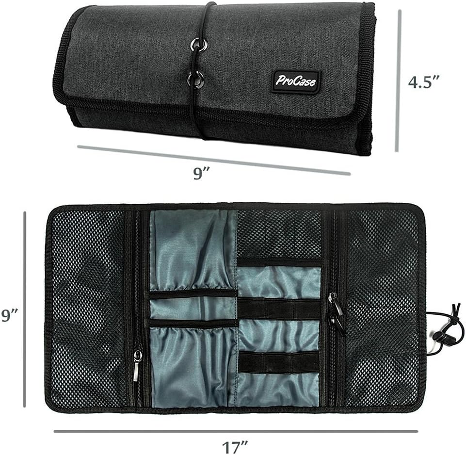ProCase Electronic Organizer Cord Pouch, Travel Cable Charger Phone Accessories Bag Organizer Roll up Tech Carrying Case for USB Cables SD Memory Cards Earphone Flash Hard Drive –Black