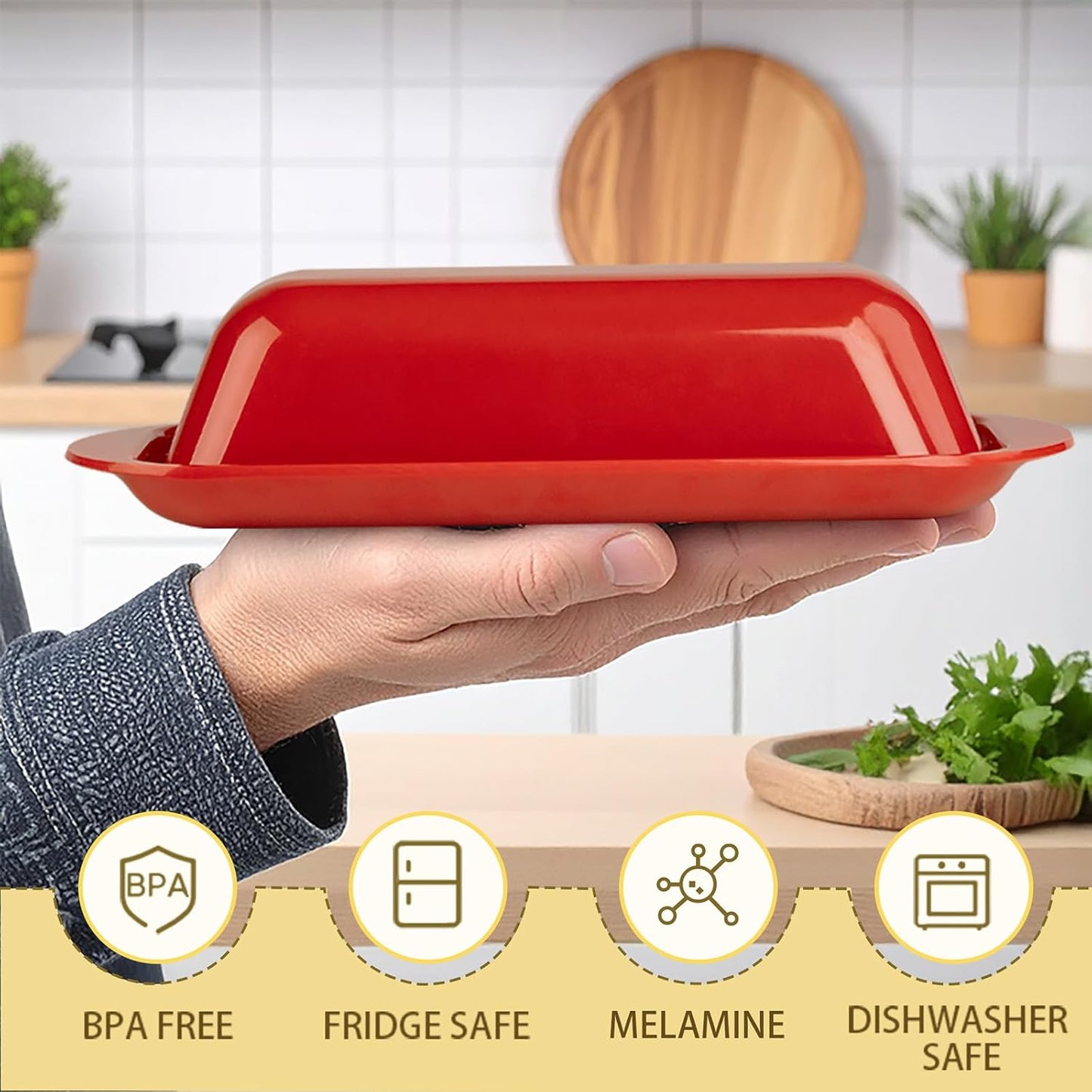 Butter Dish with Lid and Knife, Durable Countertop & Fridge Butter Keeper, Melamine Butter Container Holiday Kitchen Gift, Heart Design – Red
