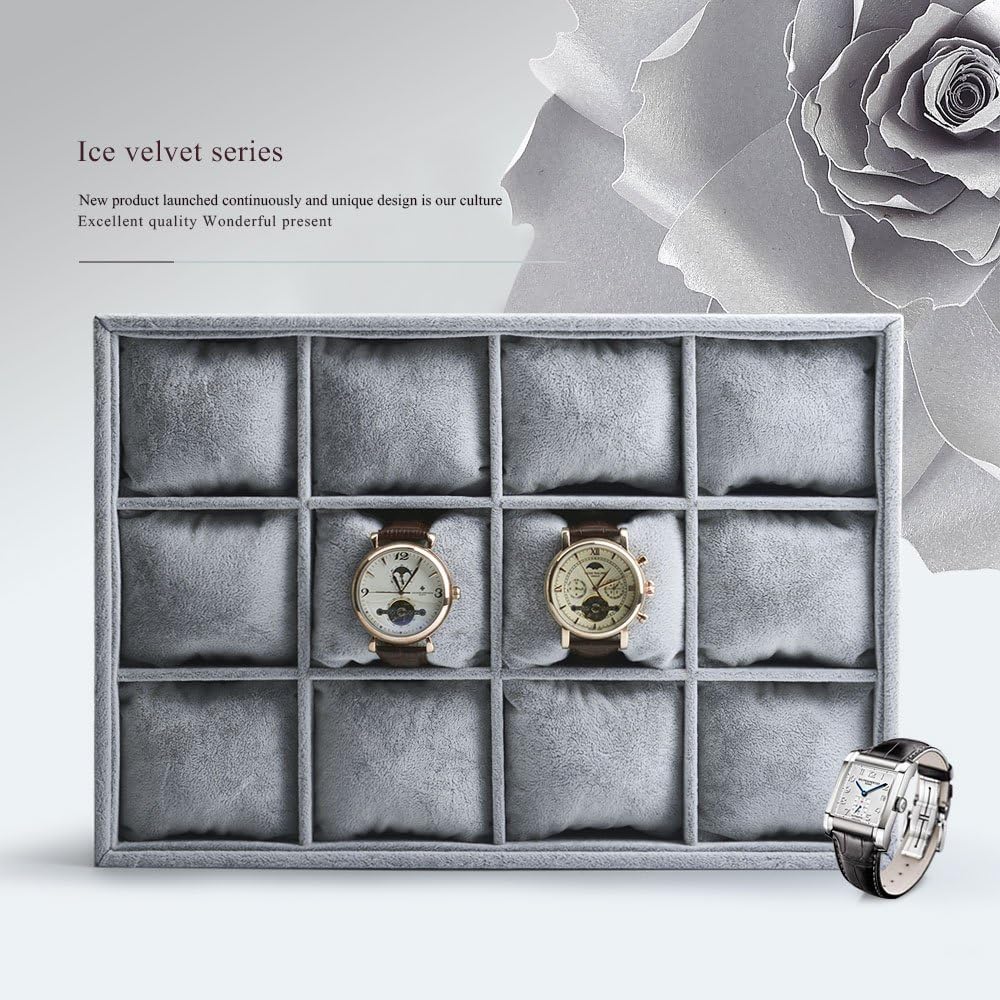 Oirlv Premium Velvet 12 Grid Jewelry Organizer Tray with Removable Pillow Watch Organizer Jewelry Tray Bracelet Bangle Watch Display Holder