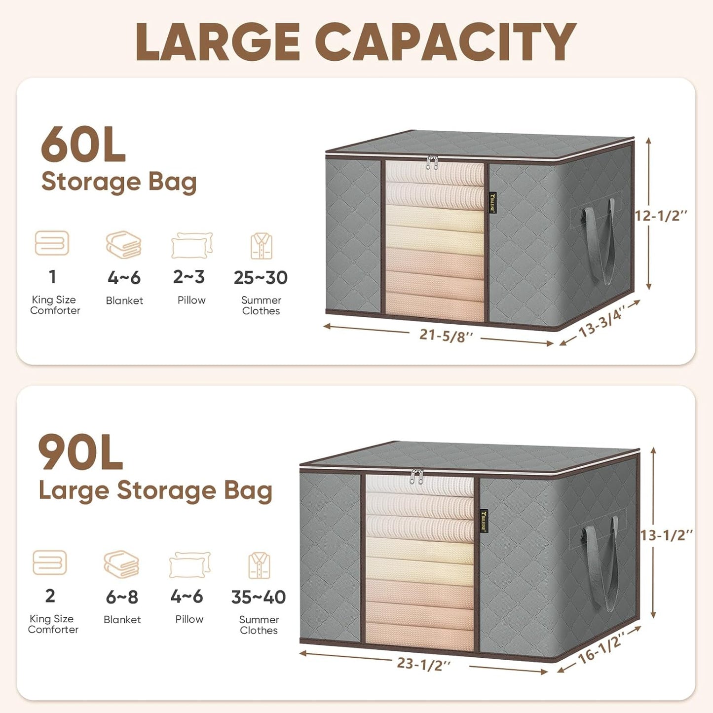 BALEINE 2 Pack Clothes Storage Bags, 16 Gallon Storage Containers with Reinforced Handle, Sturdy Zipper, Closet Organizer for Blanket, Comforter, Pillow, Bedding (Grey, 2 Pack)