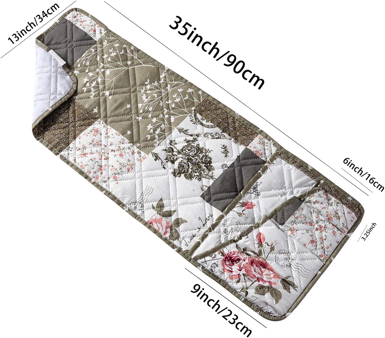 Brilliant Sunshine Rose and Toile Patchwork Couch Armrest 5 Pockets Organizer, Slip Resistant Armchair Caddy, Washable Remote Controls Holder, Storage for Magazine, Tablet, Phone, 35×13", Rose Grey