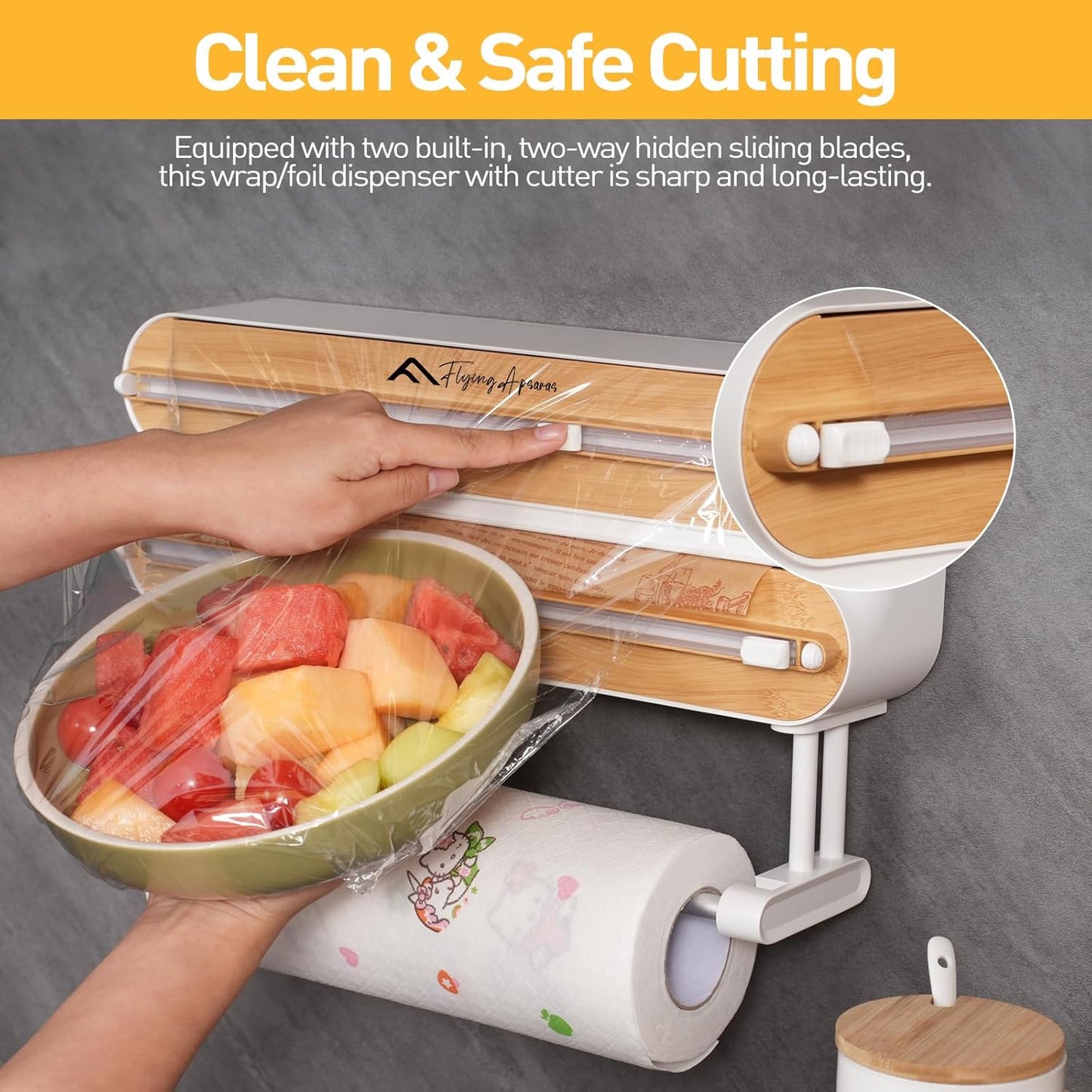 APSARAS USA Magnetic Plastic Wrap Dispenser with Cutter, 3 in 1 Aluminum Foil wrap Organizer, Practical Refillable Cling Wrap Film Cutter, Wall Mount Kitchen Wrap Dispenser, Include 2 * 12" Rolls