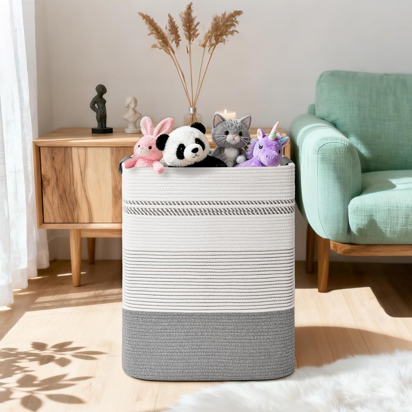 Laundry Hamper, 95L Tall Laundry Basket with Leather Handles, Rectangle Large Clothes Hamper for Organizing, Cotton Woven Laundry Baskets Storage Hampers for Bedroom, Nursery, Living Room