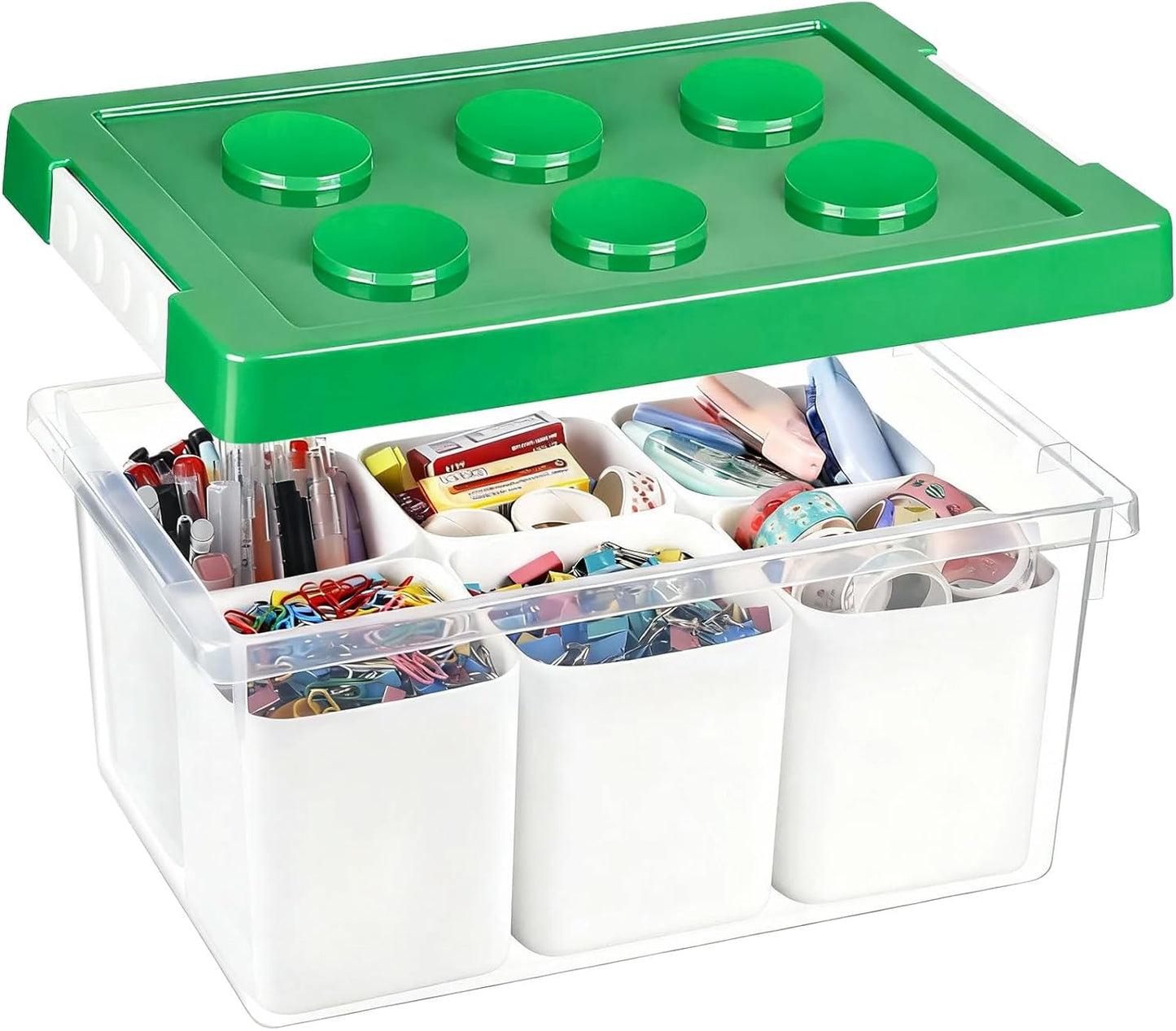 loobuu Plastic Storage Bins with Lids, Art Craft Supply Organizer Box with Brush Pot, Multipurpose Stackable Storage Containers for Organizing Tool, Craft, Crayon,Sewing (Green)