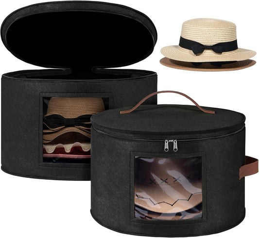 Lifewit Round Cowboy Hat Box for 7 Caps, Large Felt Hat Organizer Bag for Men & Women Storage, Baseball Cap Container with Dustproof Lid for Travel, Foldable 16.5" D x 10.6" H Carrier, 2 Pack, Black