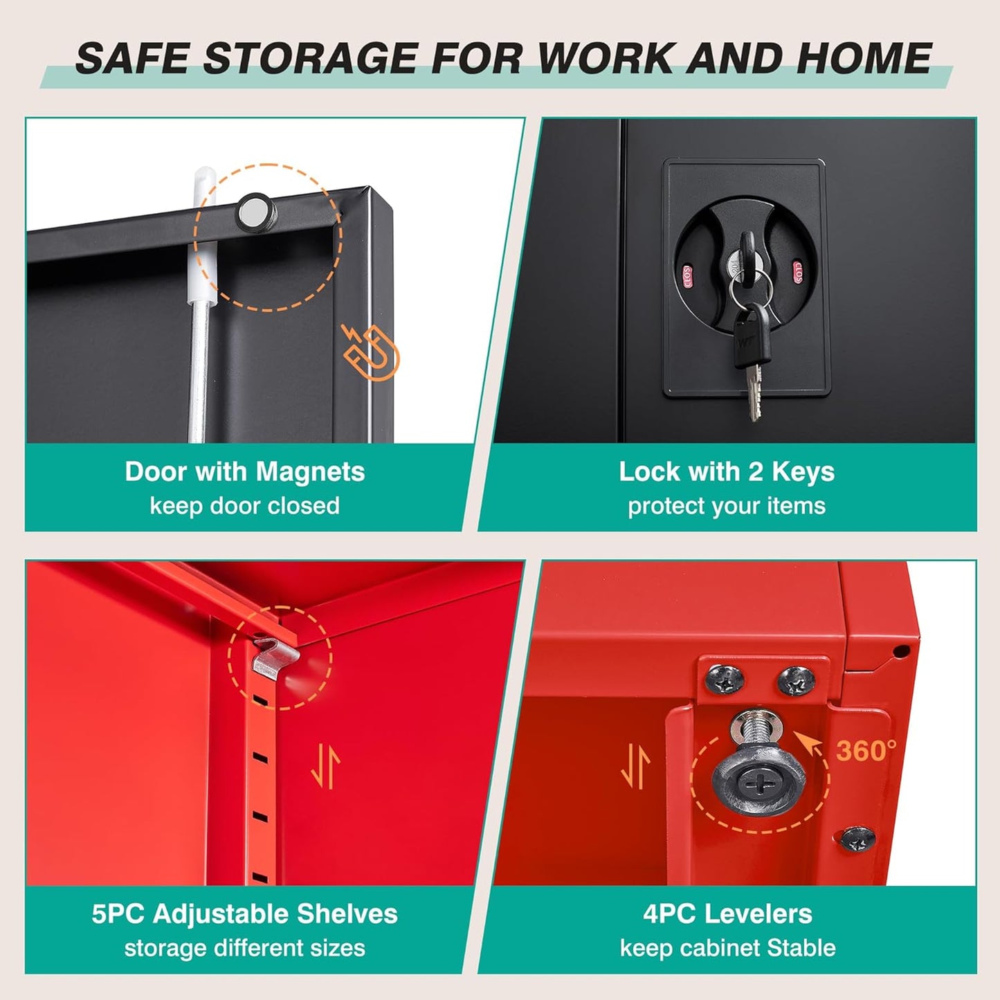 SISESOL Wide & Deep Metal Storage Cabinet with Lock & 5 Adjustable Shelves,72" Red Black Garage Storage Cabinet with Locking Doors,Lockable Cabinets for Home,Office,Shop,Garage,Basement 72x36x18