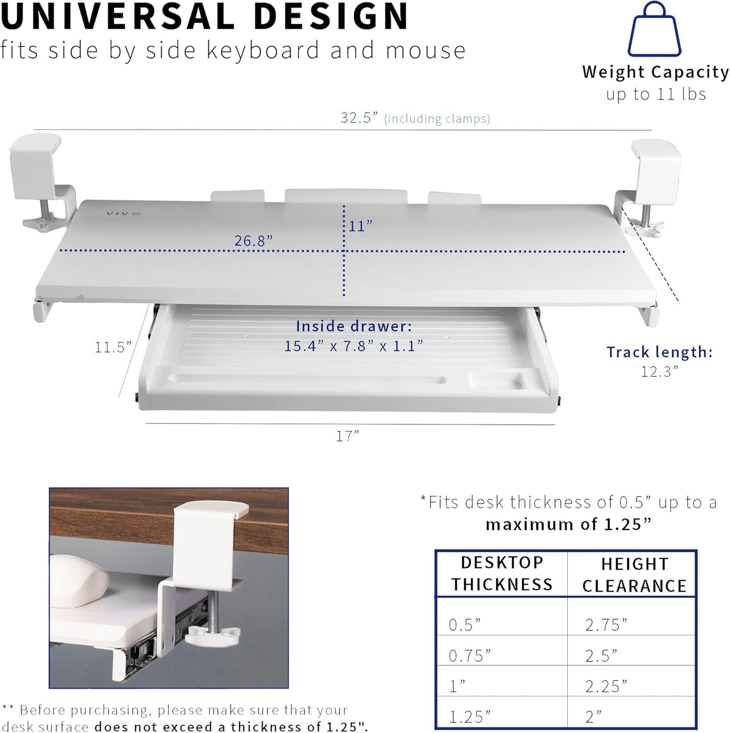 VIVO Large Keyboard Tray Under Desk Pull Out Platform with Pencil Drawer, Extra Sturdy C Clamp Mount, 27 (33 Including Clamps) x 11 inch Slide-Out Tray with Storage Drawer, White, MOUNT-KB05-4DW