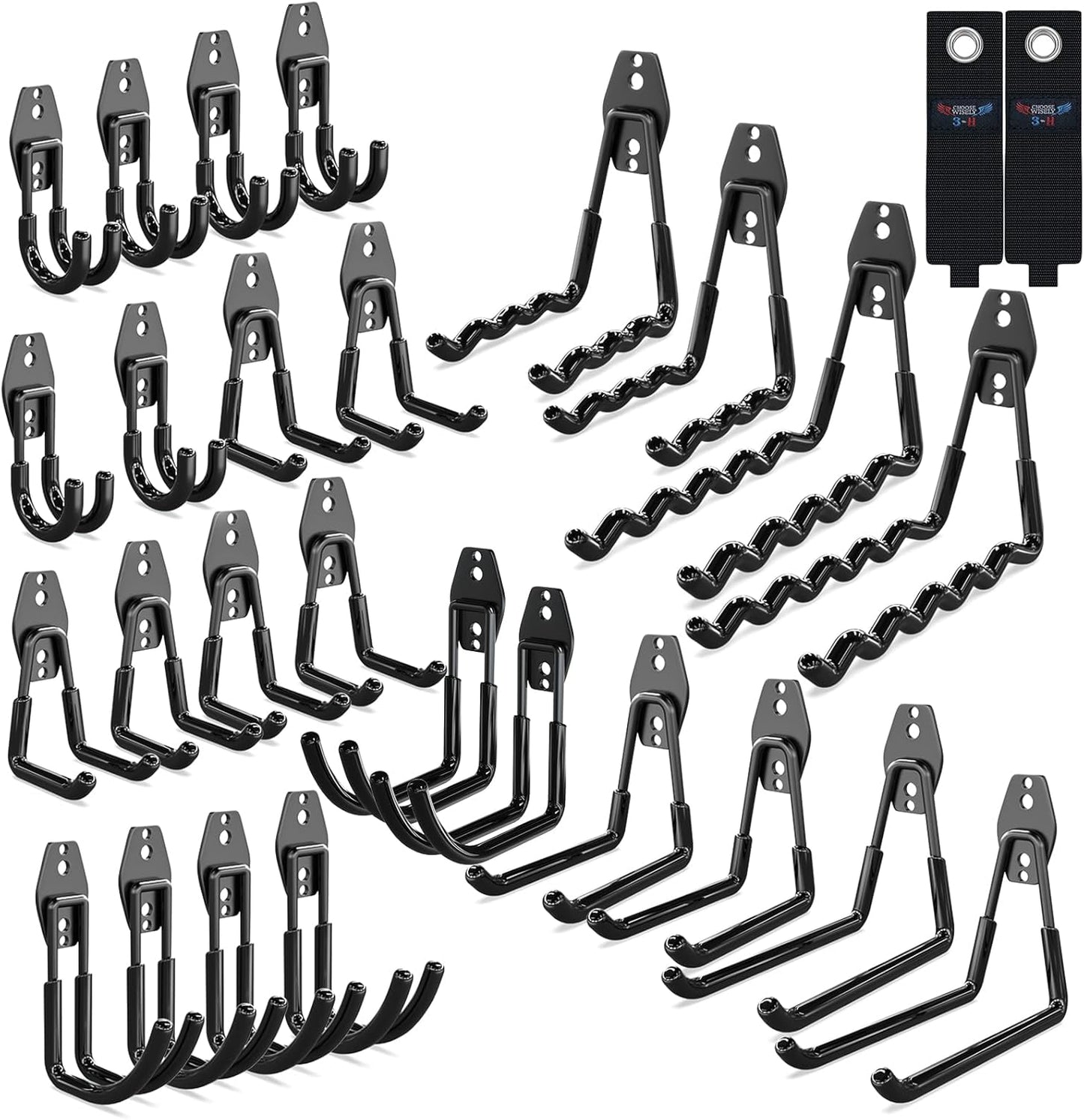 3-H Garage Wall Hooks 28 Pack, Garage Hooks Heavy Duty with Extra Welding Spots, Wall Mount Storage Organizer for Hanging Garden Lawn Tools, Ladder, Bike, WeedEater, Chair, Shovel, Blower (Black)