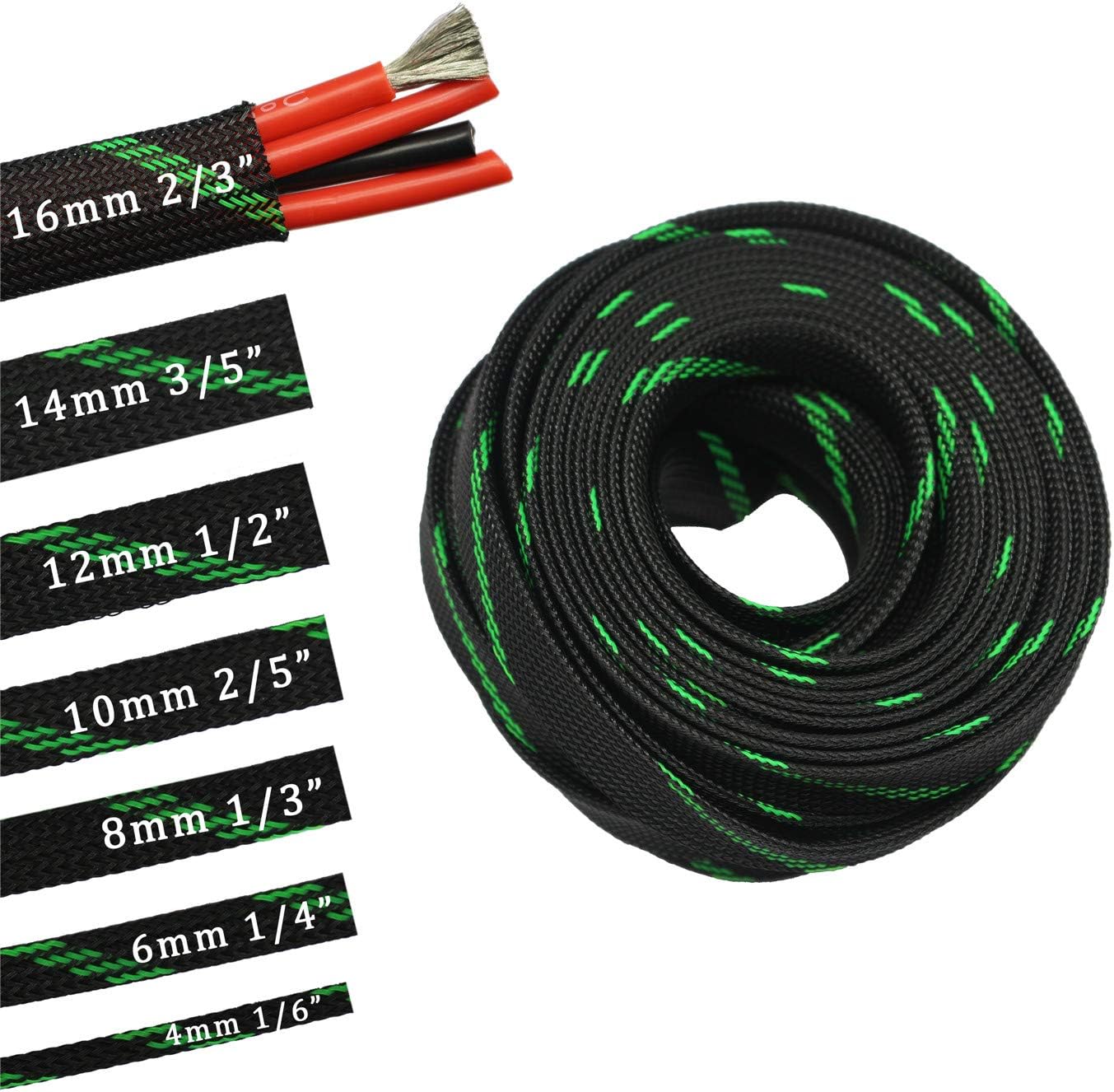 30ft PET Expandable Sleeving Wire Cable Sleeve (3/5", Green&Black)