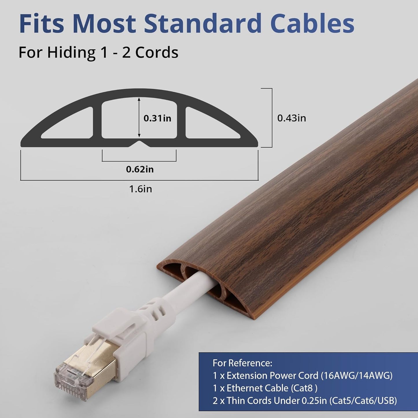 ZhiYo 5.6ft Cord Covers for Wires on Floor, Cord Hider Floor Hide Extension Cords, Soft PVC Cable Cover Cable Protector, Wire Cavity W0.62in H0.31in, Smoked Brown Wood