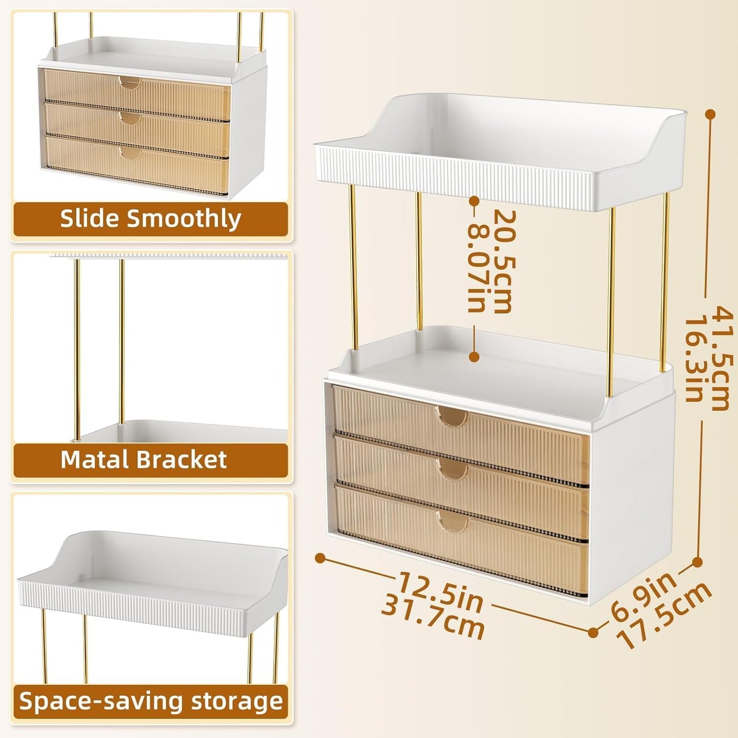 3 Drawers Makeup Organizer - 5 Tier Bathroom Counter Organizers and Storage, Versatile Perfume Vanity Organizer, Ideal for Cosmetic, Large Skincare, Face Mask, Office Supplies, Amber