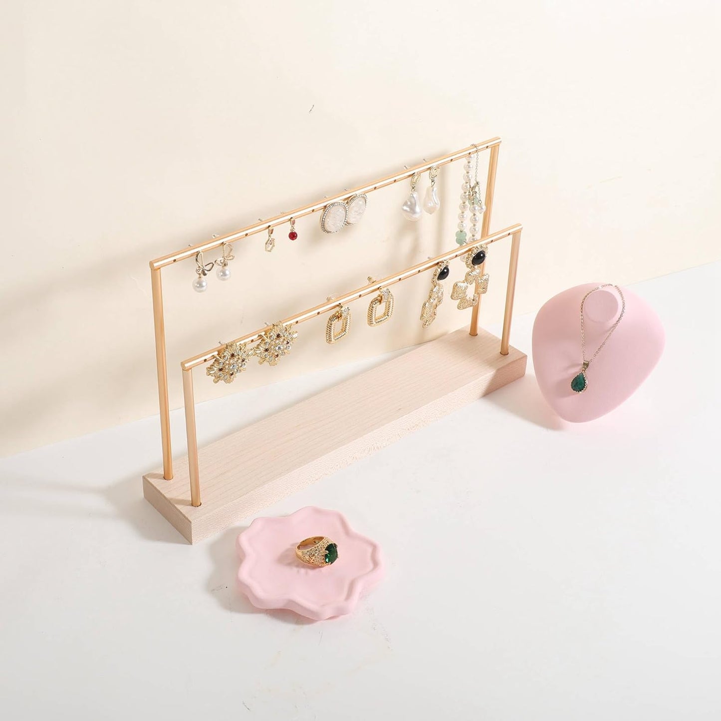 GemeShou wooden earring holder organizer for girls, maple stud earring display stand for boutique store, jewelry storage organizer shelf【maple stand-Two Tiers】