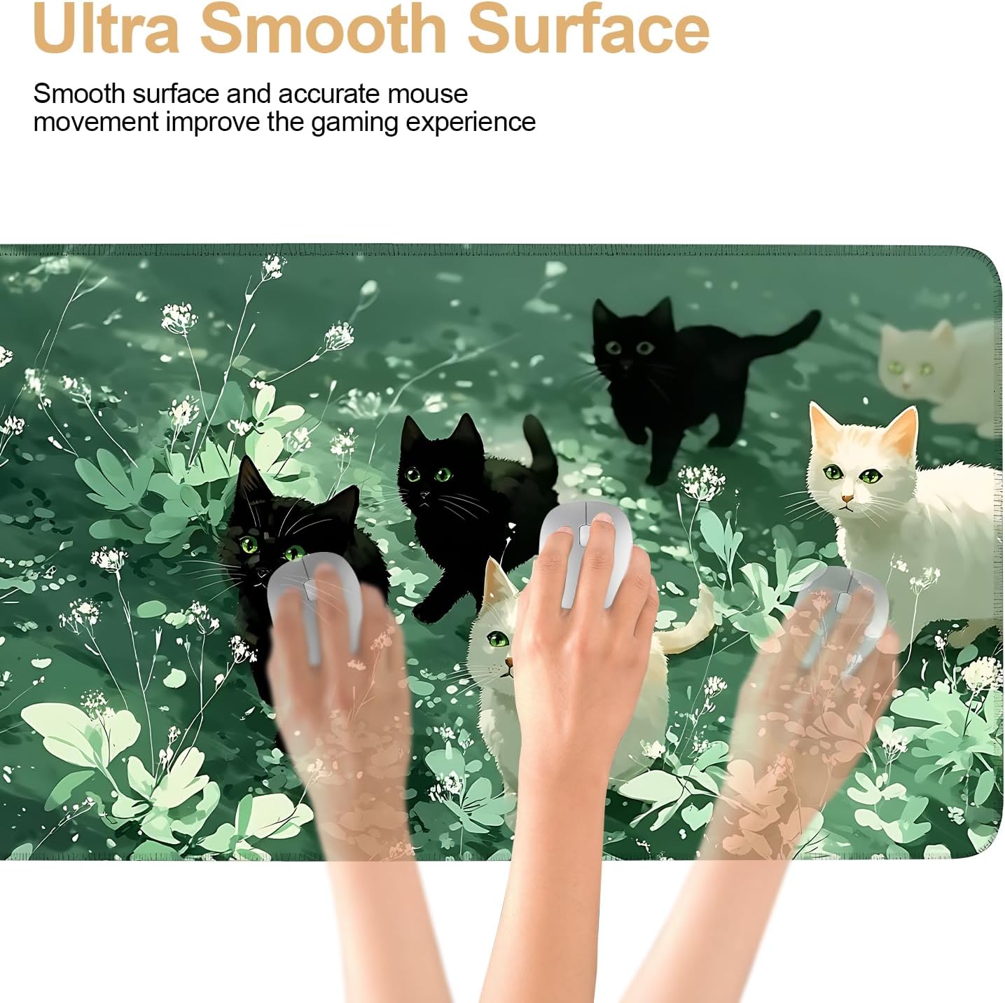 Large Mouse Pad, Cute Cat Gaming Mouse Pad Desk Mat, Non-Slip Base Extended Keyboard Mat, Thick 3mm Smooth Surface Mousepad for Office & Home, 35.5 x 15.8 Inch