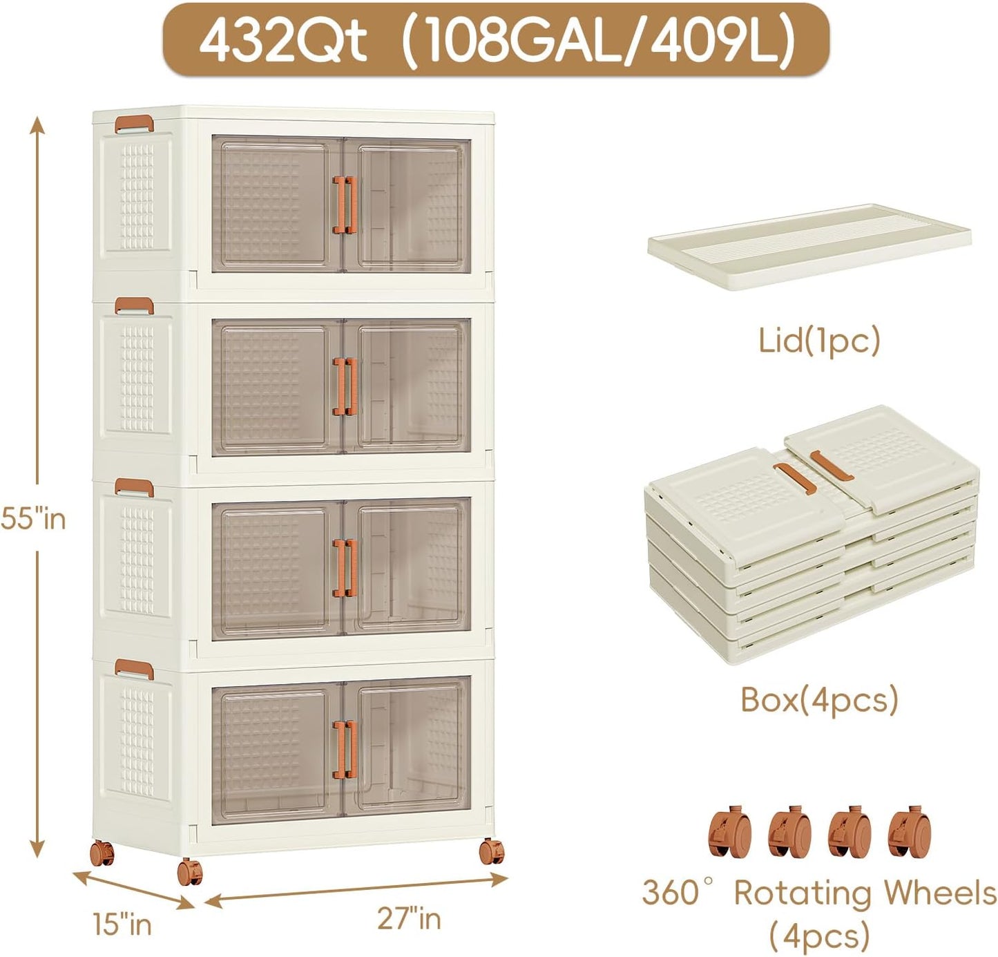 JEKO&JEKO 756 Qt Plastic Storage Bins with Lids, Doors & Wheels, 7 Pack Extra Large Stackable Collapsible Storage Cabinets and Closet Organizers for Home Office, Cream