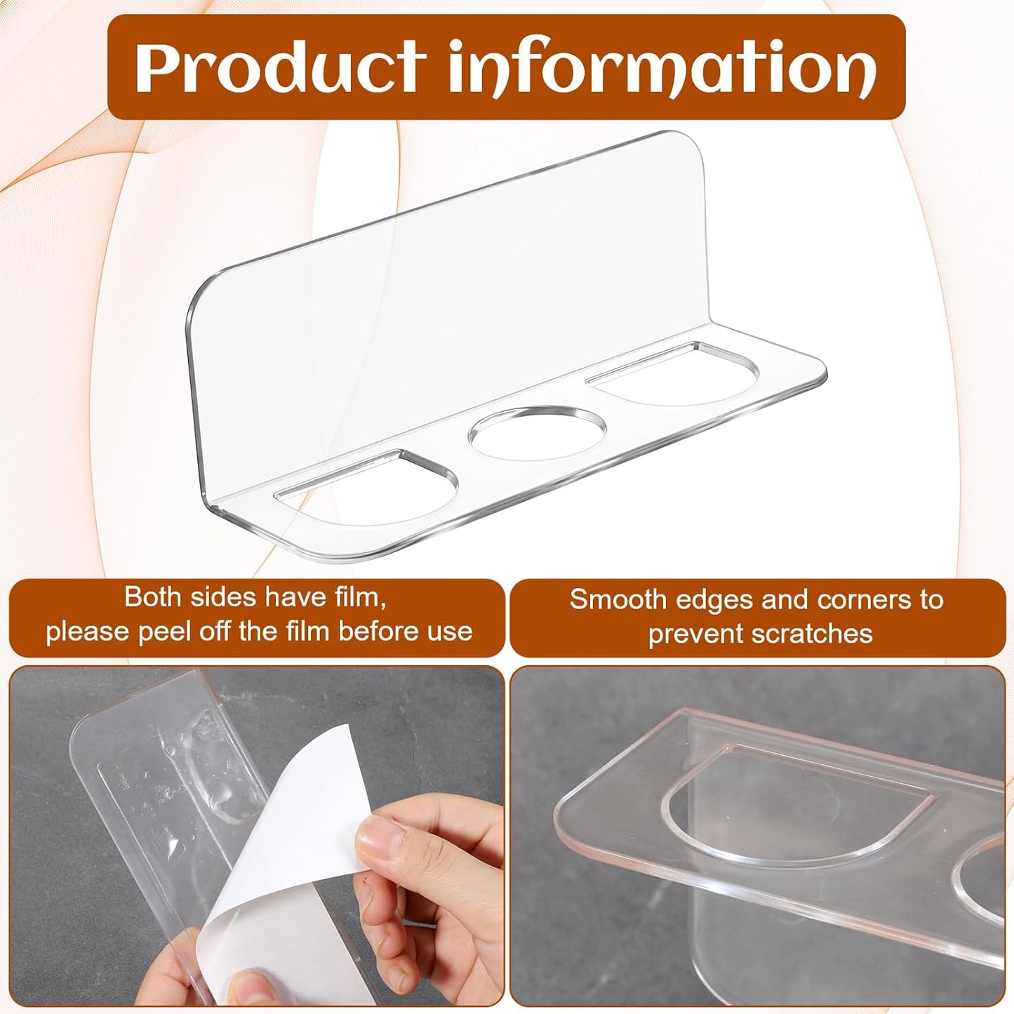 2pcs Acrylic Hair Brush Holder for Bathroom Adhesive Hair Tool Organizer Transparent Wall Mounted Comb Holder Organizer with 3 Holes No Drilling for Combs, Curling Irons, Flat Irons