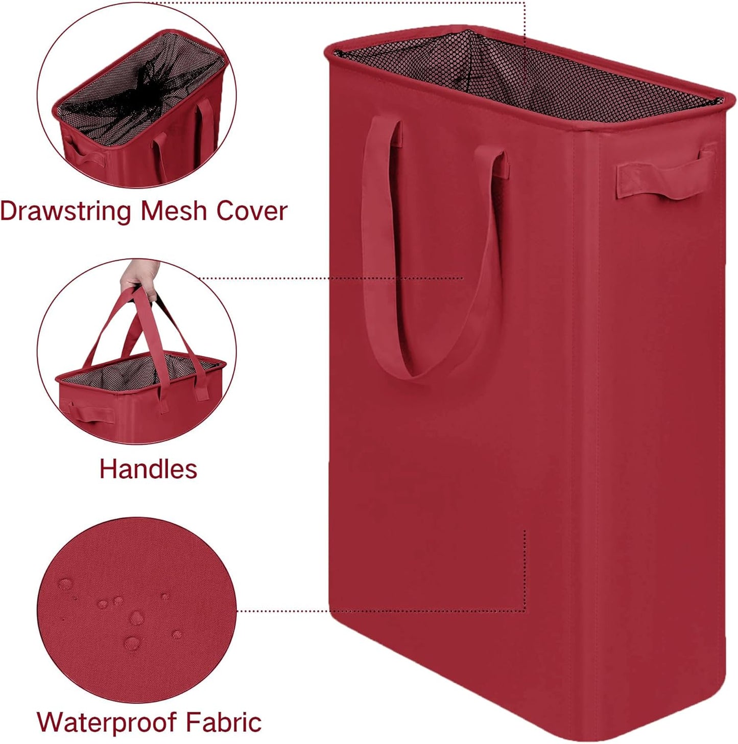 efluky Slim Laundry Basket, Narrow Laundry Hamper with Handles, Collapsible Dirty Clothes Hamper, Tall Laundry Bin for Laundry Room, Dorm and Bedroom, 48L (12.7 Gallon) Burgundy Red