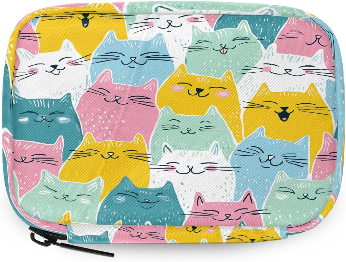 Colorful Cartoon Cute Cats Pill Organizer Travel Medicine Case with Zipper Daily Vitamin Storage Bag Portable 8 Slot Weekly Pill Box Supplement Holder for Home Office Gym Travel
