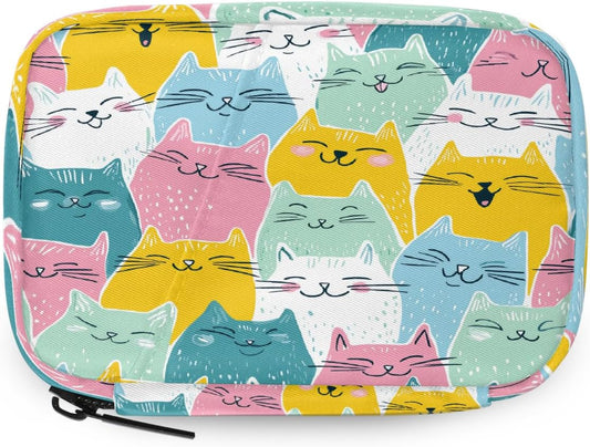 Colorful Cartoon Cute Cats Pill Organizer Travel Medicine Case with Zipper Daily Vitamin Storage Bag Portable 8 Slot Weekly Pill Box Supplement Holder for Home Office Gym Travel
