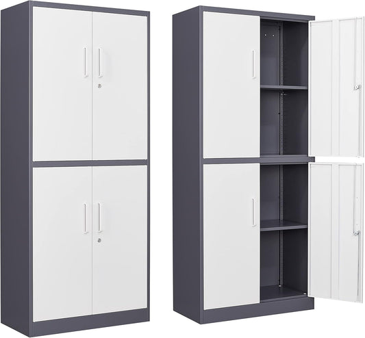 Yizosh Metal Storage Locking Cabinet with 4 Doors and 2 Adjustable Shelves,71" Lockable Garage Tall Steel Cabinet,for Home Office,Living Room,Pantry,Gym,Commercial Storage (Gray White)