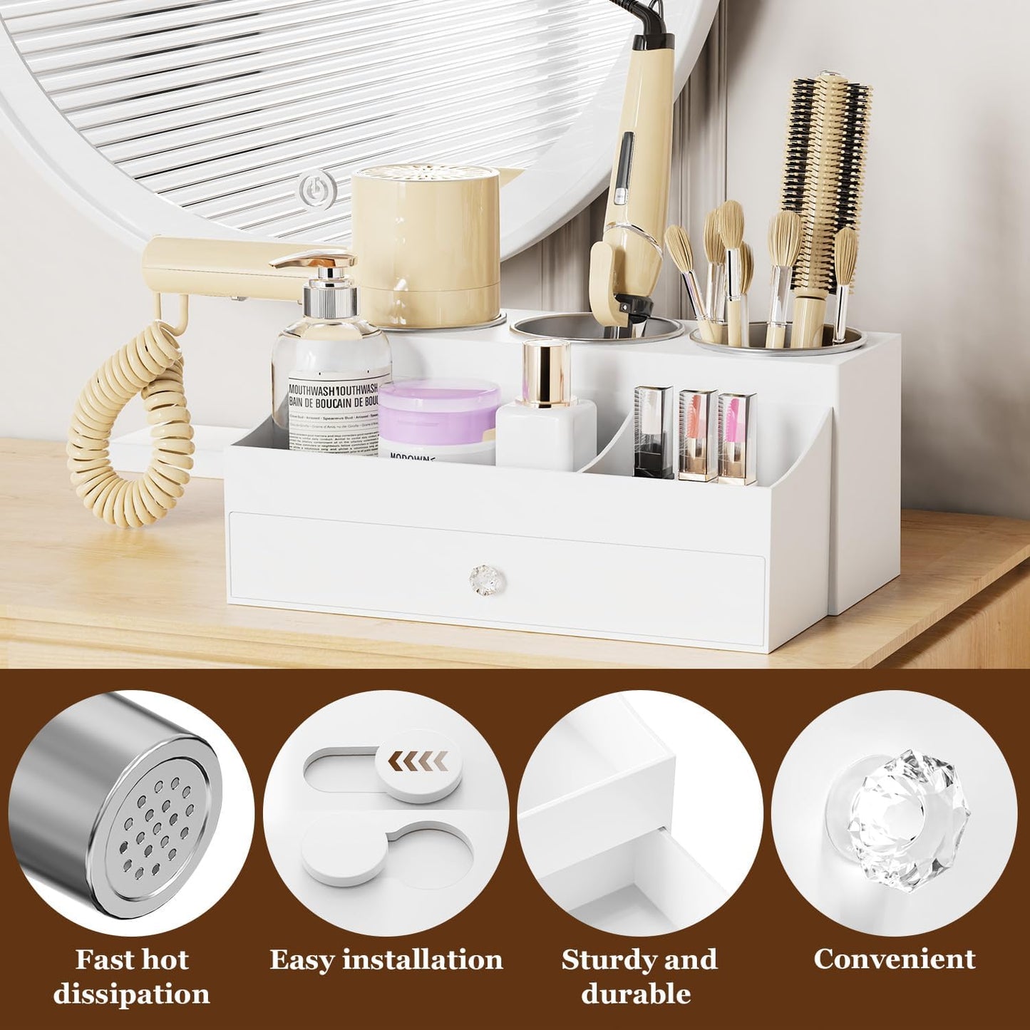 Acrylic Hair Dryer Holder with Drawer, Bathroom Organizer Countertop Drawers with 3 Stainless Cups, Makeup Vanity Accessories, Hair Hot Tools Organizer, Toiletry, White