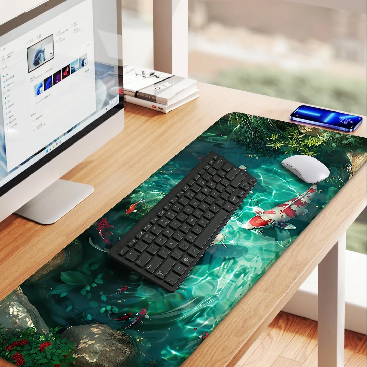 Koi Fish Mouse Pad XXL – Large Japanese Pond Desk Mat with Water Reflection, Extended Non-Slip Gaming Mousepad for Office, Home, Laptop, Workstation, 31.5 x 11.8 in