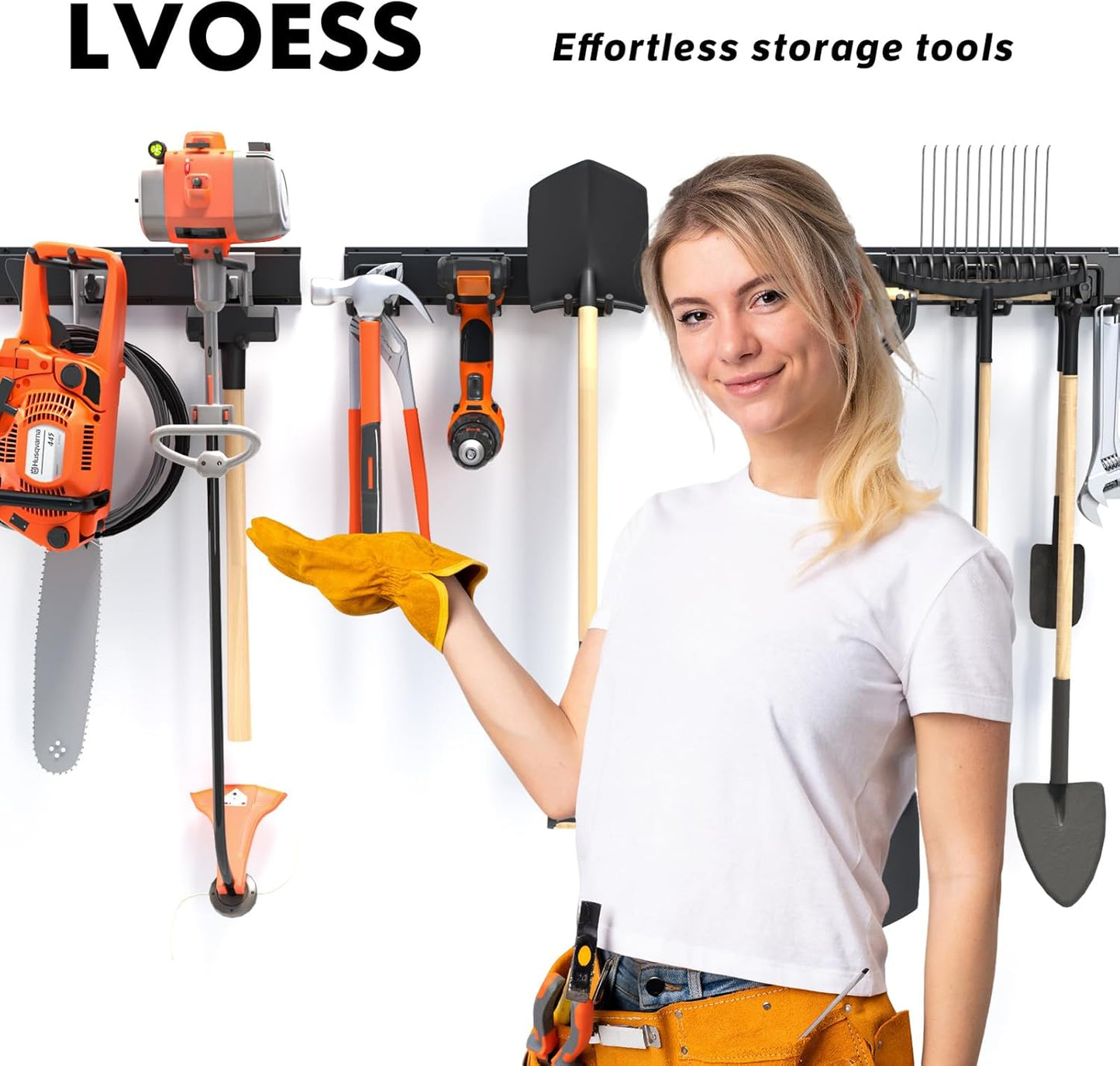 48-Inch Heavy Duty Garage Tool Organizer, Wall Mount Storage System with Adjustable Metal Hooks, 440lbs Capacity, Ideal for Garden Tools, Shovels, Rakes, Brooms, Ladders (48‘’ Metal Hooks)