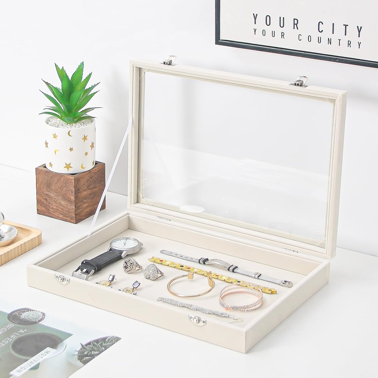Coward Jewelry Organizer Box, Beige Velvet Blank Display Tray Case with Lid for Storage Necklaces Bracelets Rings Beads and Jewelry Accessories