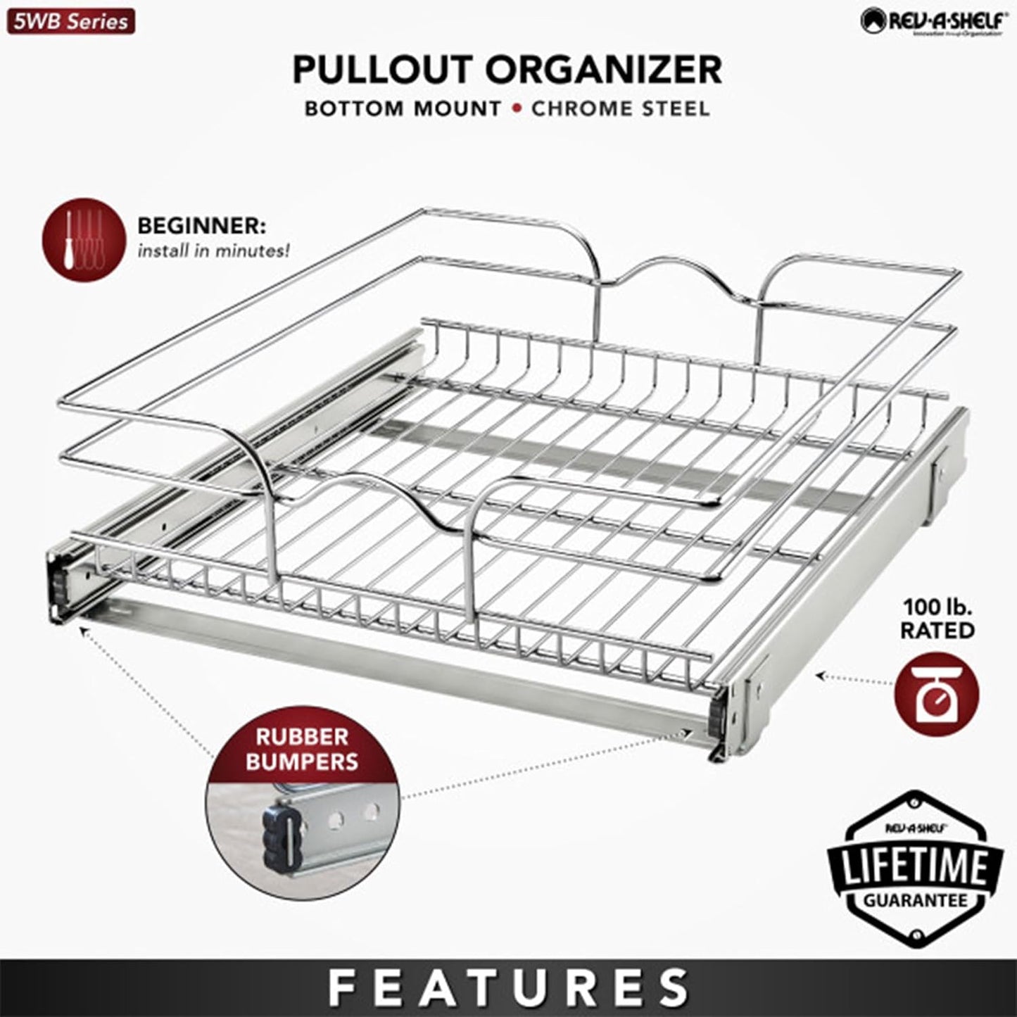Rev-A-Shelf Kitchen Cabinet Pullout Shelf and Drawer Organizer Slide Out Pantry Storage Basket in Multiple Sizes, 18 x 20 In, 5WB1-1820CR-1