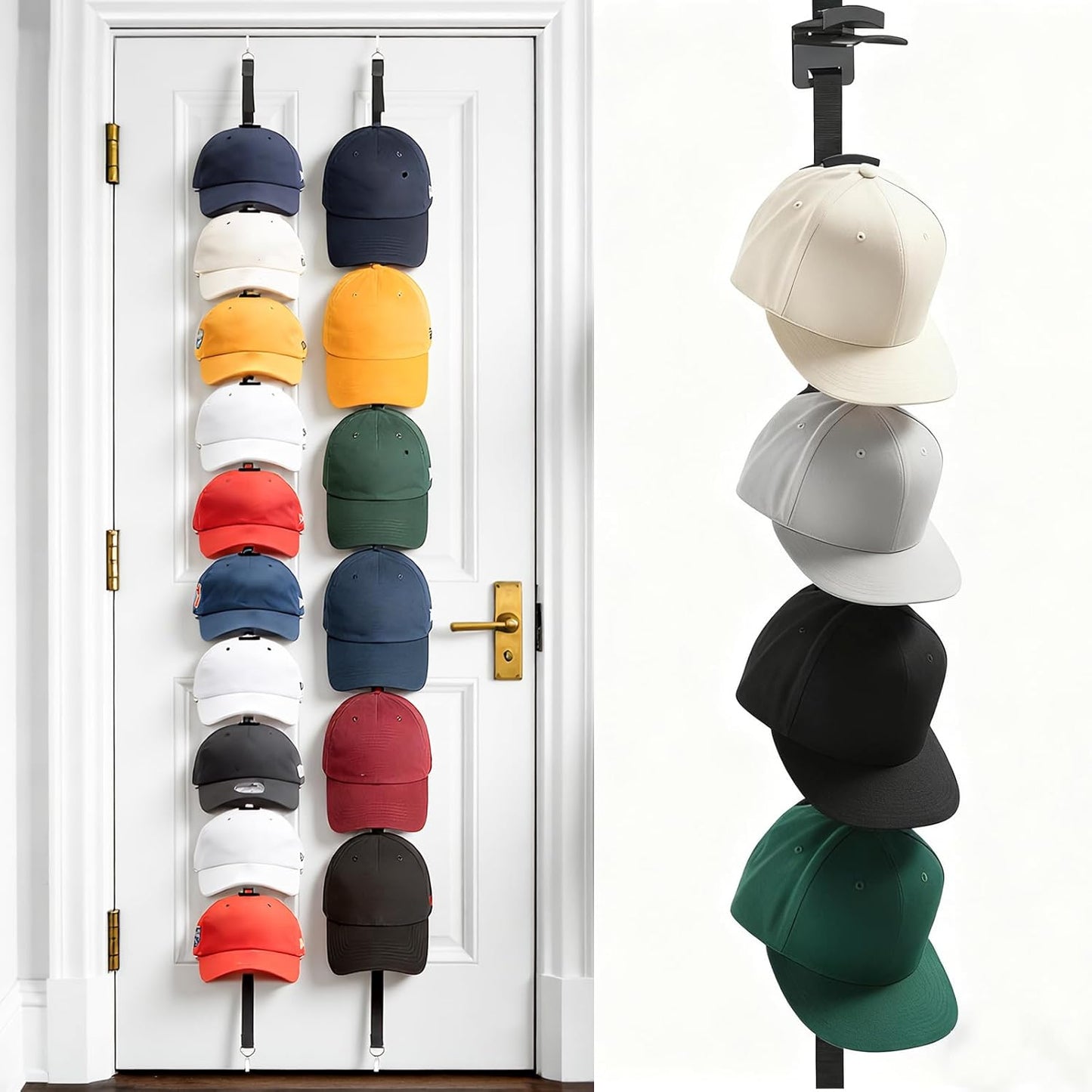 2Pack Hat Organizer for Baseball Caps, Hat Rack for Wall with Display Hooks - Organizador de Gorras for Closet Door, Bedroom and Entrance (Black)