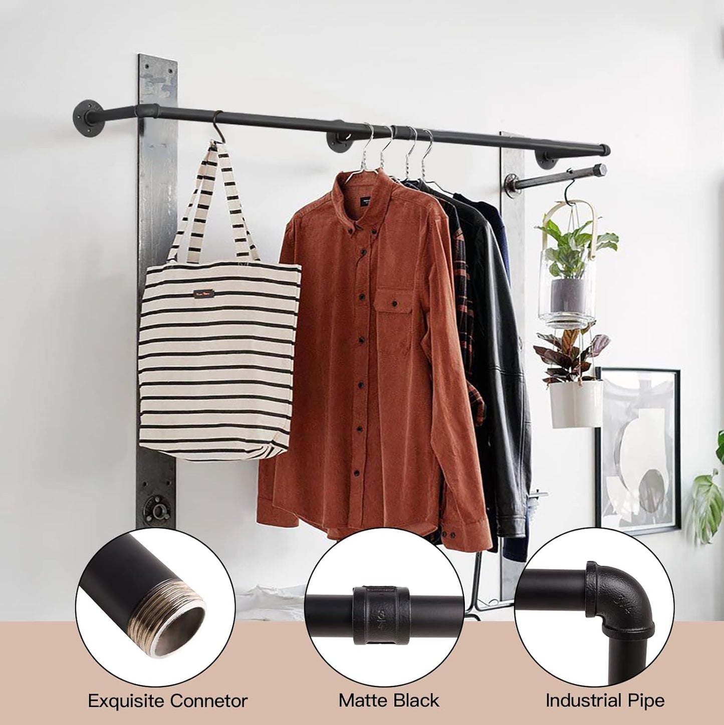 Clothes Hanger Pole Wall Mount, 72" Heavy Duty Detachable Black Iron Garment Bar Hanging Rod Holder, Clothes Rail Shelf Wardrobe Organizer for Laundry Room & Closet Storage, 3 Base