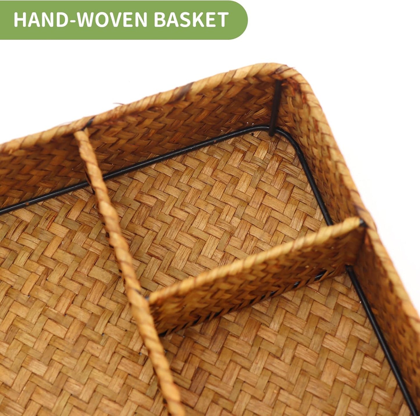 Wicker Baskets 4-Section Tea Bag/Sugar Packet Holder,Seagrass Woven Compartment Organizer,Storage Rattan Divided Basket,Office-Desk Baskets for Shelves,Pantry,Coffee Station Organizer,Countertops