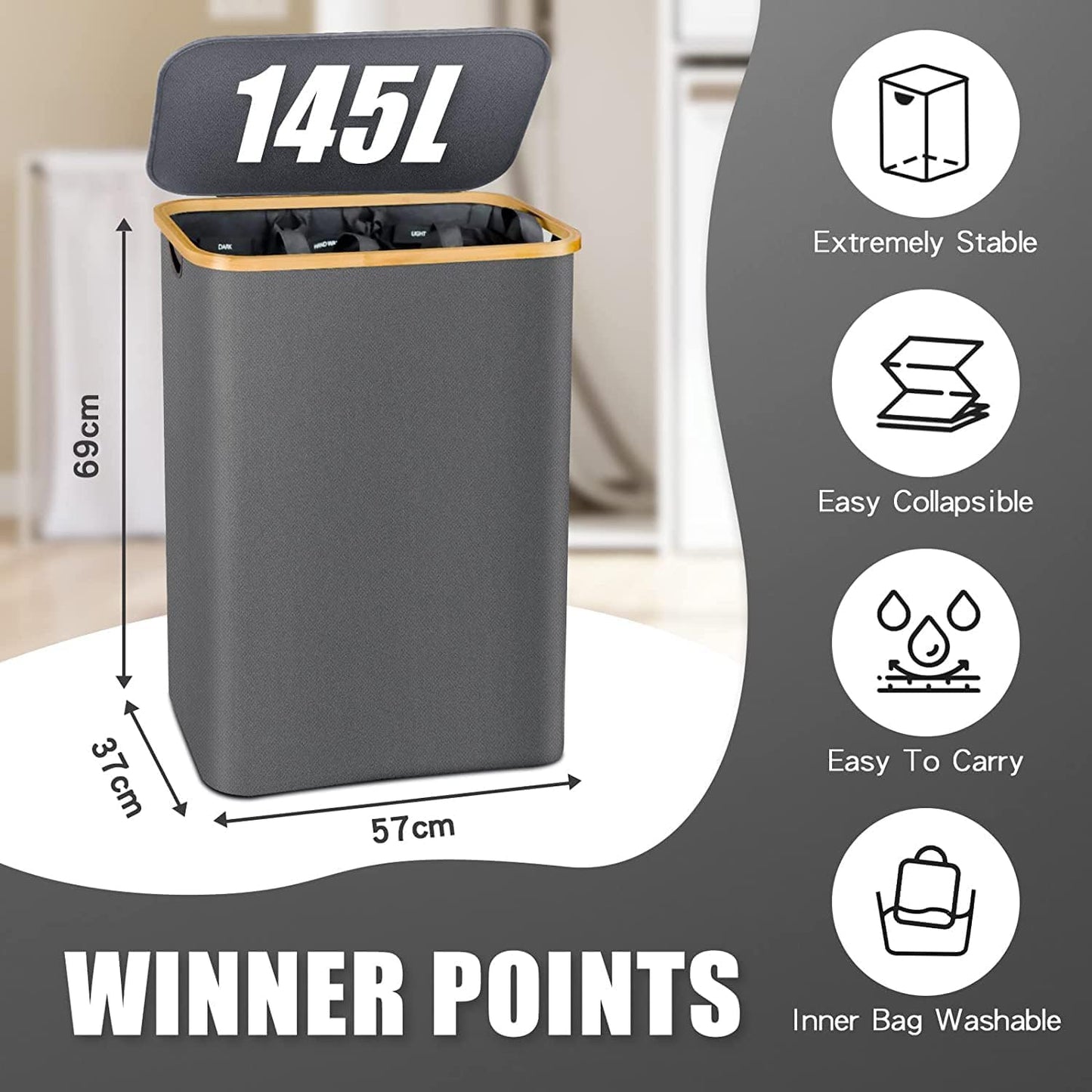 Laundry Hamper with Lid, 145L Extra Large Hamper 3 Section Dirty Clothes Hampers for Divided Basket Organizer for Bedroom, Laundry Room, Grey