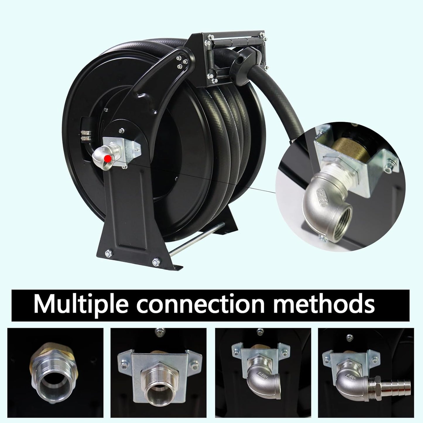 Fuel Hose Reel,1"X50' Retractable Ratchet Spring Driven Diesel Hose Reel,360 Rotating Fuel Hose Swivel,AUTO Fuel Nozzle,SS304 Elbow Pipe,Barb Fitting,300 PSI,Swivel Steel Construction Reel
