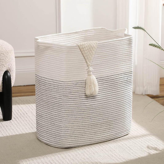 Tall Laundry Basket With Handles,Woven Cotton Rope Big Laundry Hamper Sorters,Versatile Storage for Dirty Clothes,Baby Toys,and Blankets in Bathroom, Nursery,and Living Room (White/Black Line, 68L)