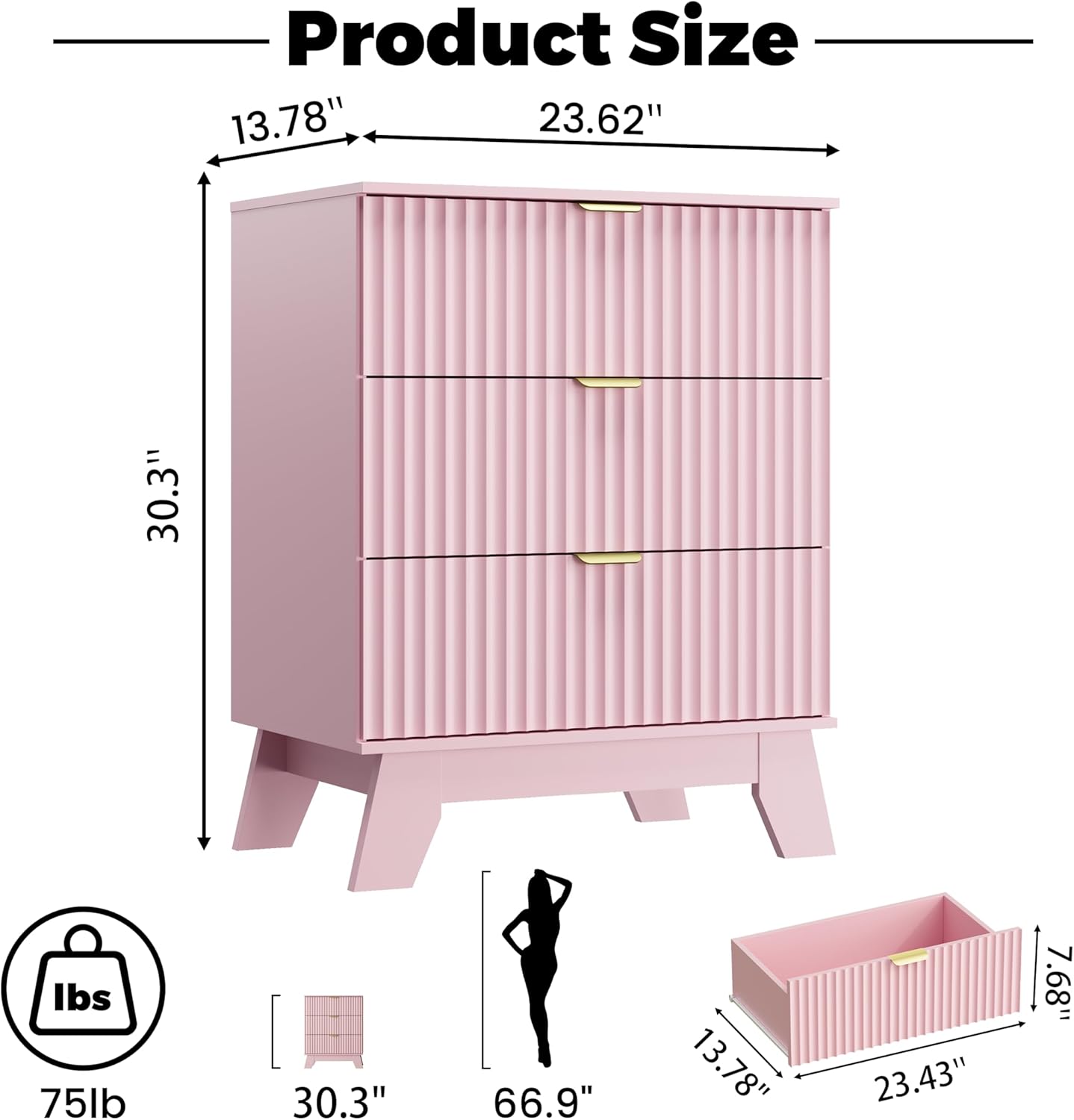 Night Stand Set 2, Bedside Table & End Table, Mid Century Modern Fluted Wood Nightstand with 3 Drawers & Metal Handles, Farmhouse Nightstand for Bedroom, Pink